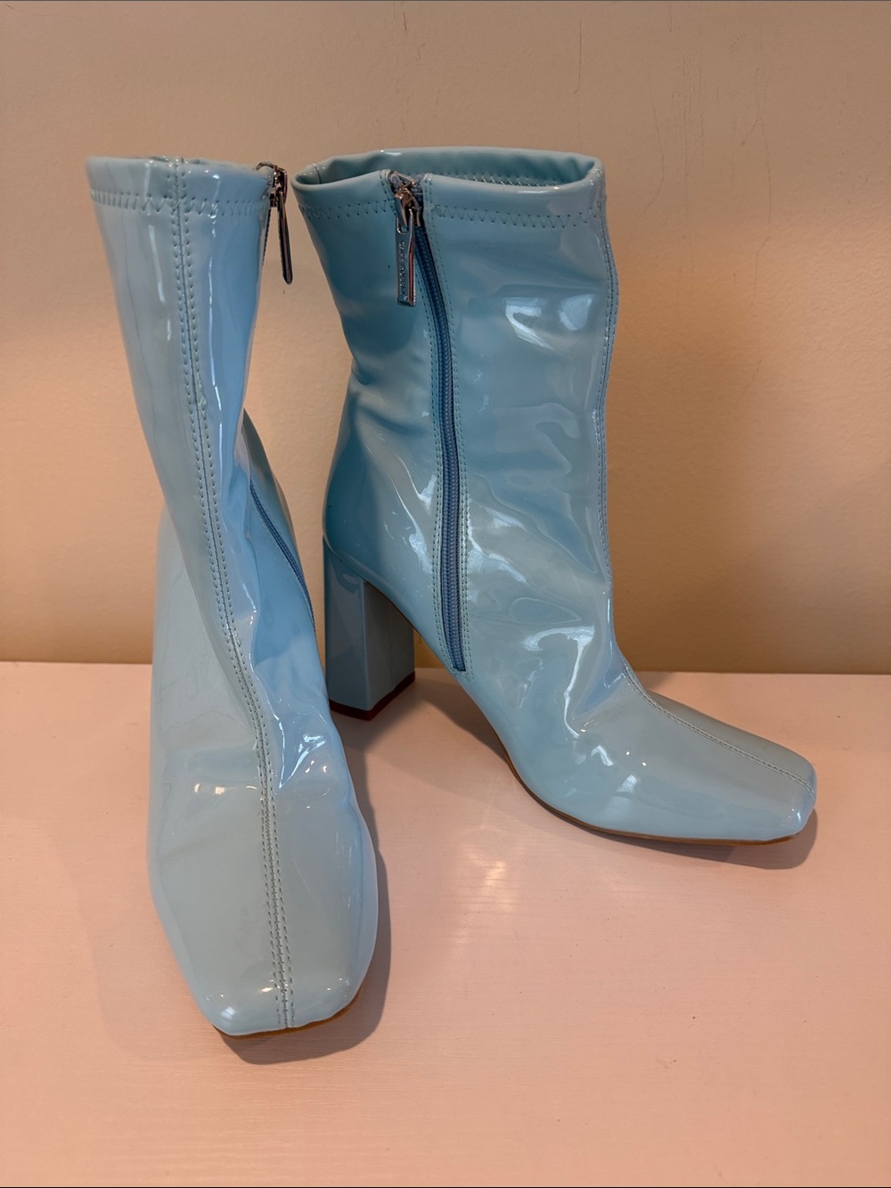 Cape Robbin Patent Square-Toe Block Heel Ankle Boots in Light Blue
